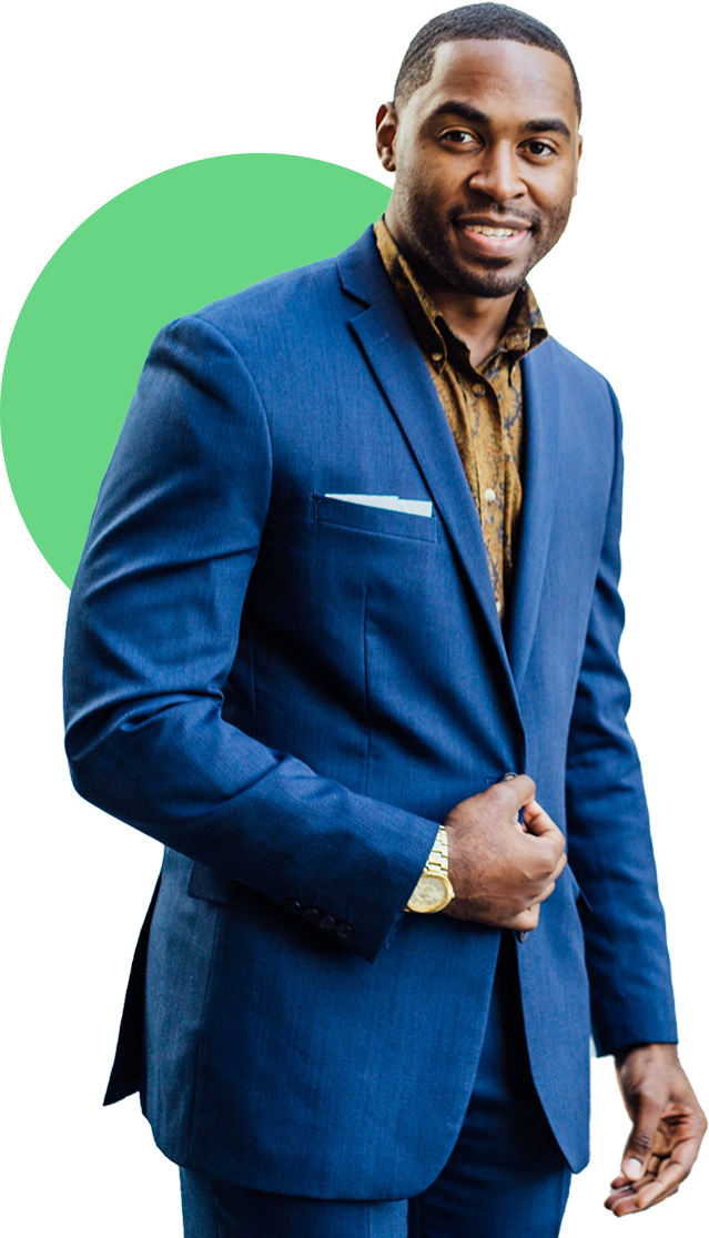 A professional man representing APLUS Africa, with a green decorative circle behind him