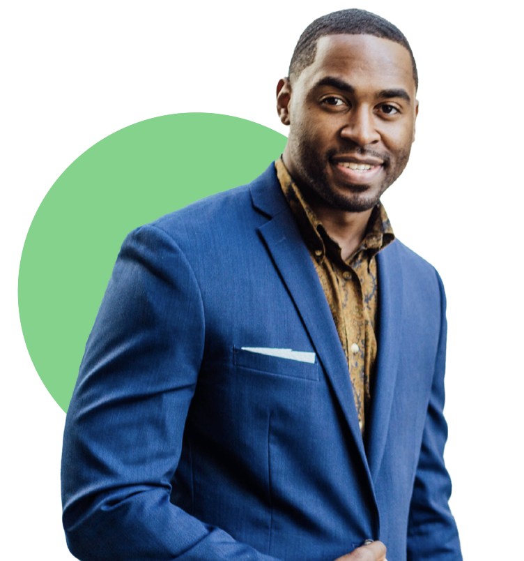 A professional man representing APLUS Africa, with a green decorative circle behind him