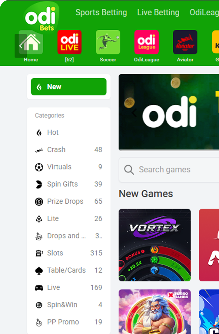 Odibets platform interface showing game selections