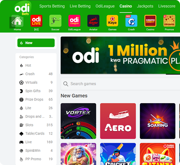 Odibets platform interface showing game selections